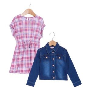 BCBG Girls 2 pc jean jacket and dress set Size 6 dark denim jacket plaid dress